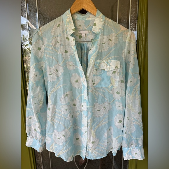 Gap Med Button Front Blouse Blue White Floral Print Silk Cotton Long Sleeve - Picture 1 of 8